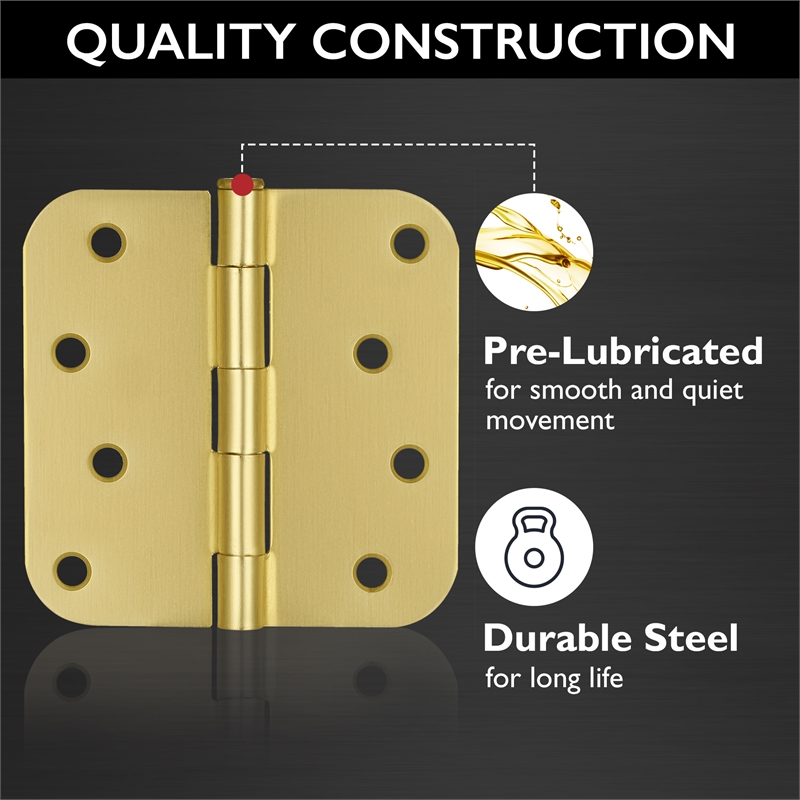 Pemberly Row Stainless Steel Door Hinges in Satin Brass 4 in Radius 9 Pack