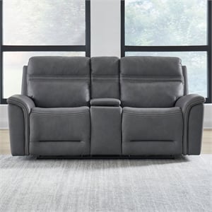 Pemberly Row Triple Power Reclining Loveseat with Console in Blue Gray Leather