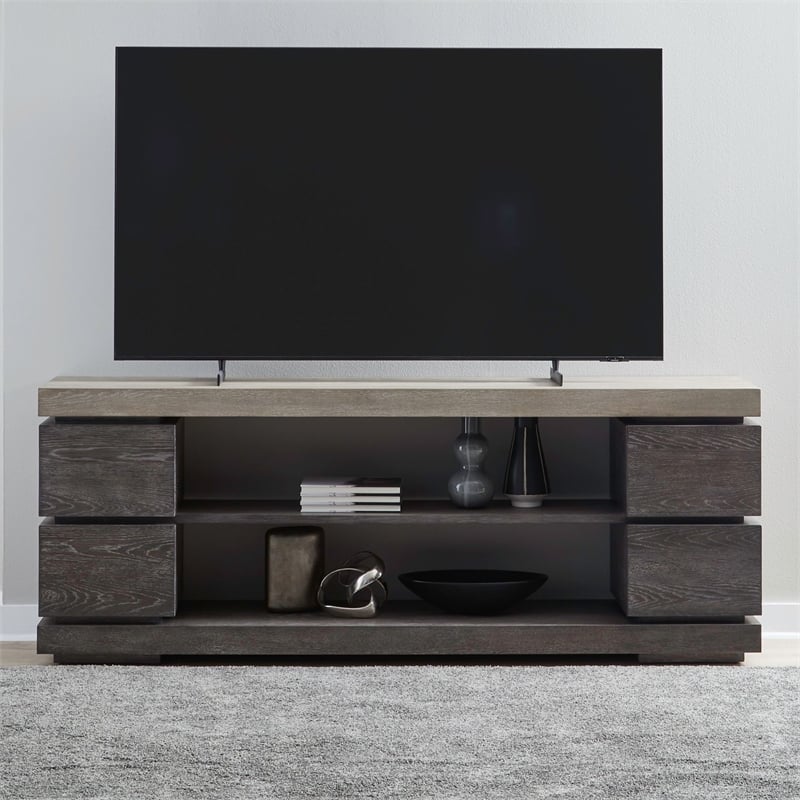 Pemberly Row 84 Inch TV Console with Floating Drawers in Brown Oak Wood