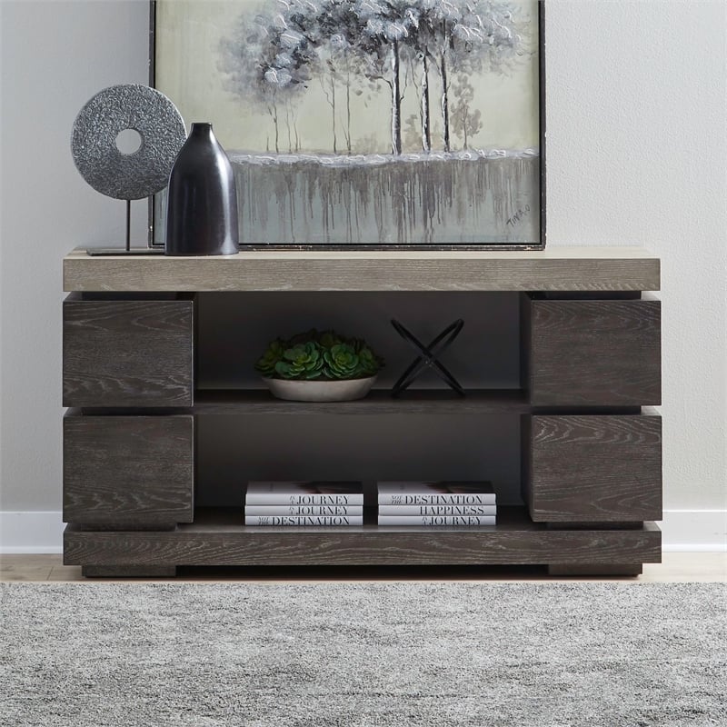 Pemberly Row Deconstructed Sofa Table with Floating Drawers in Charcoal Brown