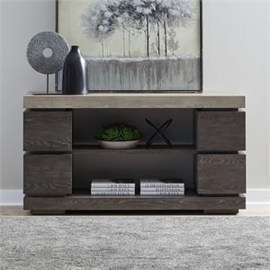 Pemberly Row Deconstructed Sofa Table with Floating Drawers in Charcoal Brown