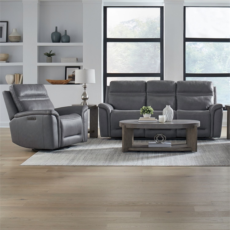 Pemberly Row Power Reclining Sofa & Recliner Set in Blue Gray Leather