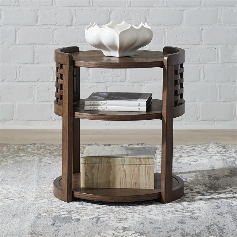 Pemberly Row Round Chairside Table with Open Shelves in Brown Oak Wood