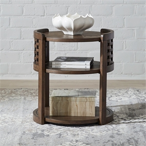 Pemberly Row Round Chairside Table with Open Shelves in Brown Oak Wood