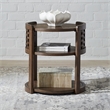 Pemberly Row Round Chairside Table with Open Shelves in Brown Oak Wood