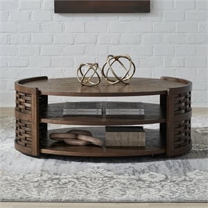 Pemberly Row Oval Cocktail Table with Casters and Shelves in Brown Oak Wood