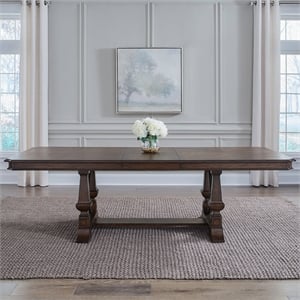 Pemberly Row Trestle Dining Table with Self Storing Leaf in Brown Hickory Wood