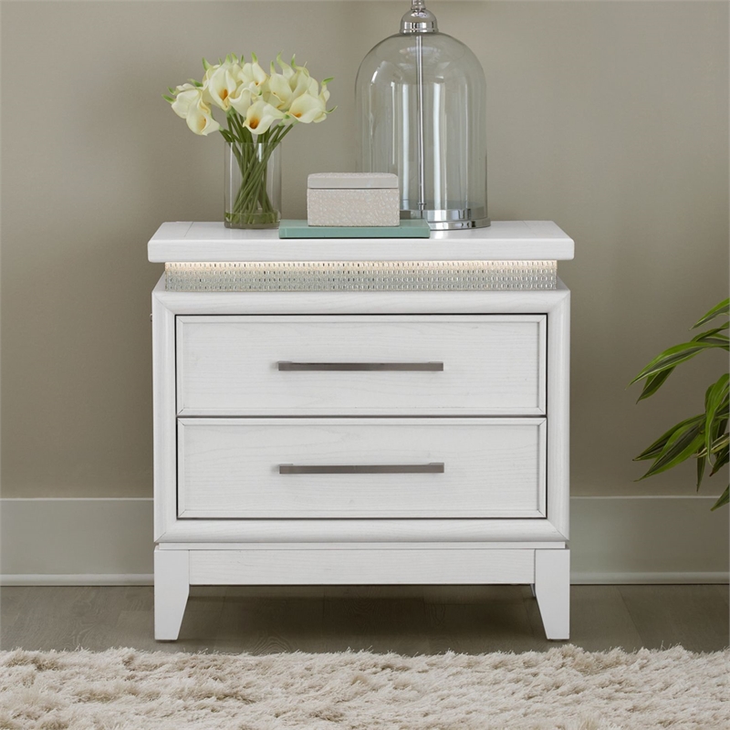 Pemberly Row Nightstand with LED Lights and Charging Station White