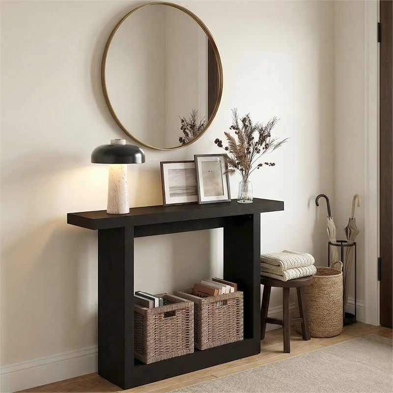 Pemberly Row 47-Inch Farmhouse Console Table with Wide Bottom in Black Dark Oak