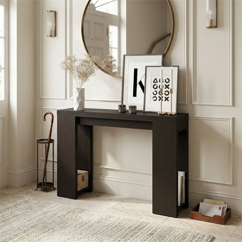 Pemberly Row 47-Inch Narrow Console Table with Bottom Shelf in Black Dark Oak