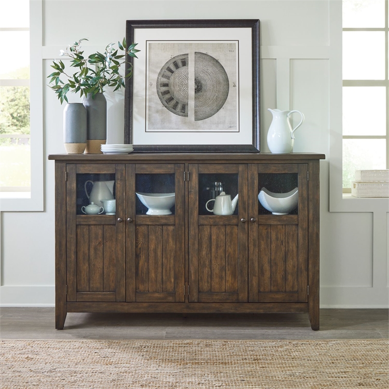 Pemberly Row Buffet with Seeded Glass Doors and Hidden Drawers in Rustic Brown