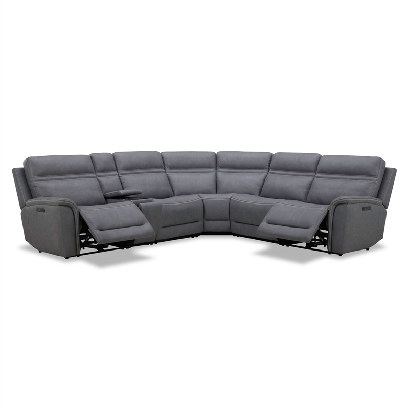 Pemberly Row 6 Piece Power Reclining Sectional Sofa in Blue Gray Leather