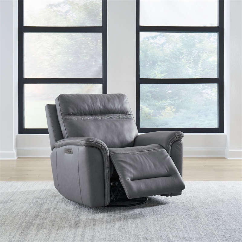 Pemberly Row Triple Power Swivel Glide Recliner with Charging in Blue Gray
