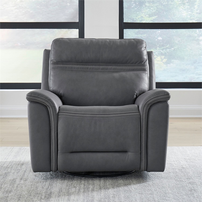 Pemberly Row Triple Power Swivel Glide Recliner with Charging in Blue Gray