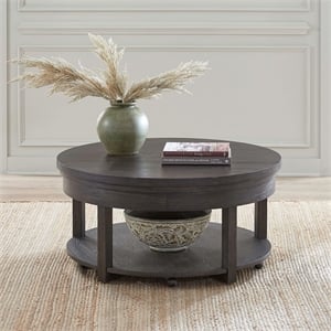 Pemberly Row Round Lift-Top Cocktail Table in Rubberwood Brown Finish