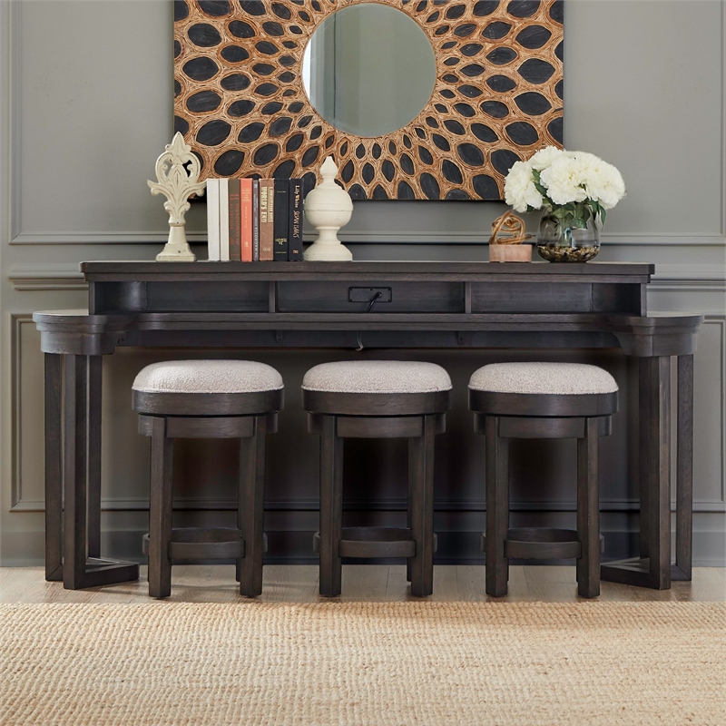 Pemberly Row 4 Piece Charging Console Table Set with 3 Stools in Peppercorn