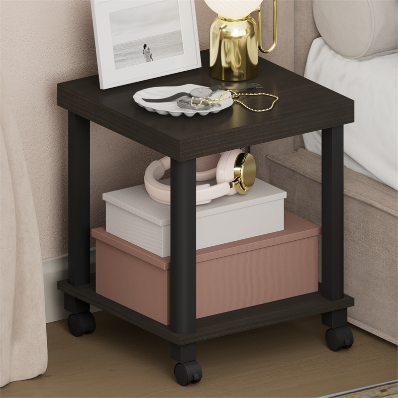 Pemberly Row 2-Tier Thick Tabletop Nightstand with Wheels Toolless in Espresso