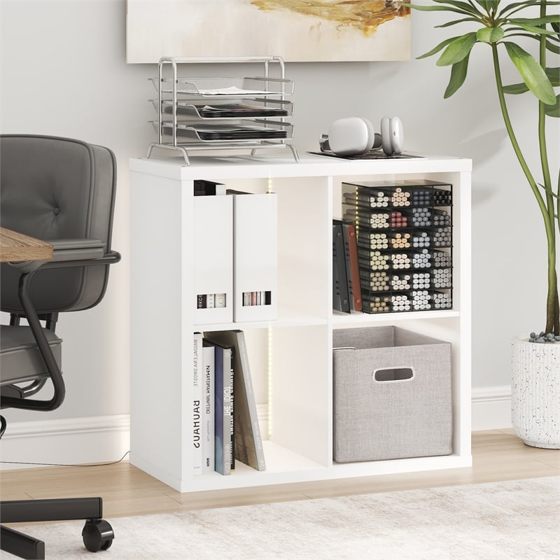 Pemberly Row LED Lights 4-Cube Reversible Extra Thick Frame Bookcase in White