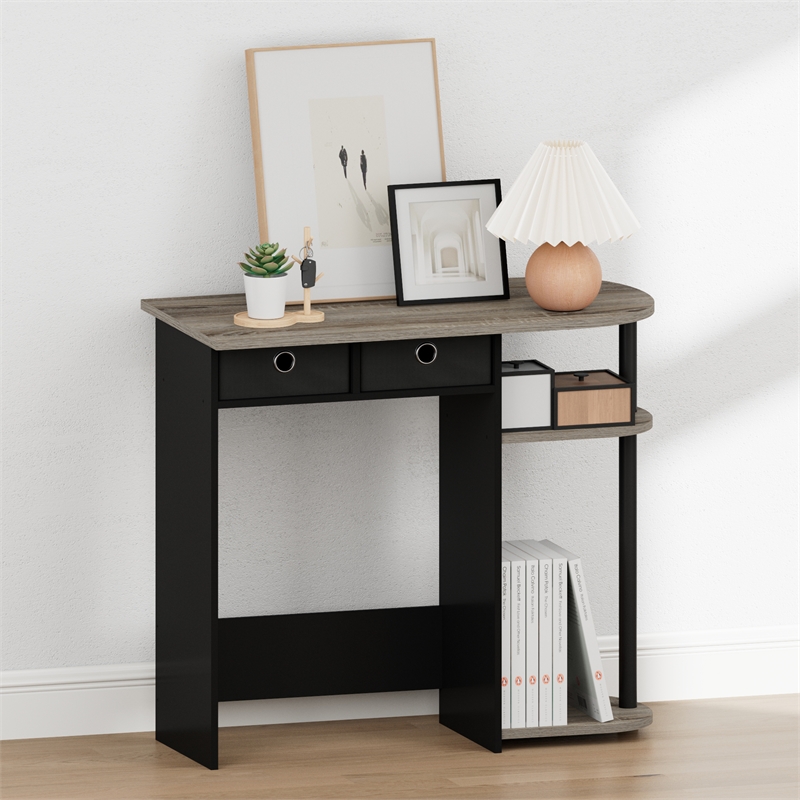 Pemberly Row 32-Inch Console Table 2 Fabric Drawers Open Shelves in French Oak