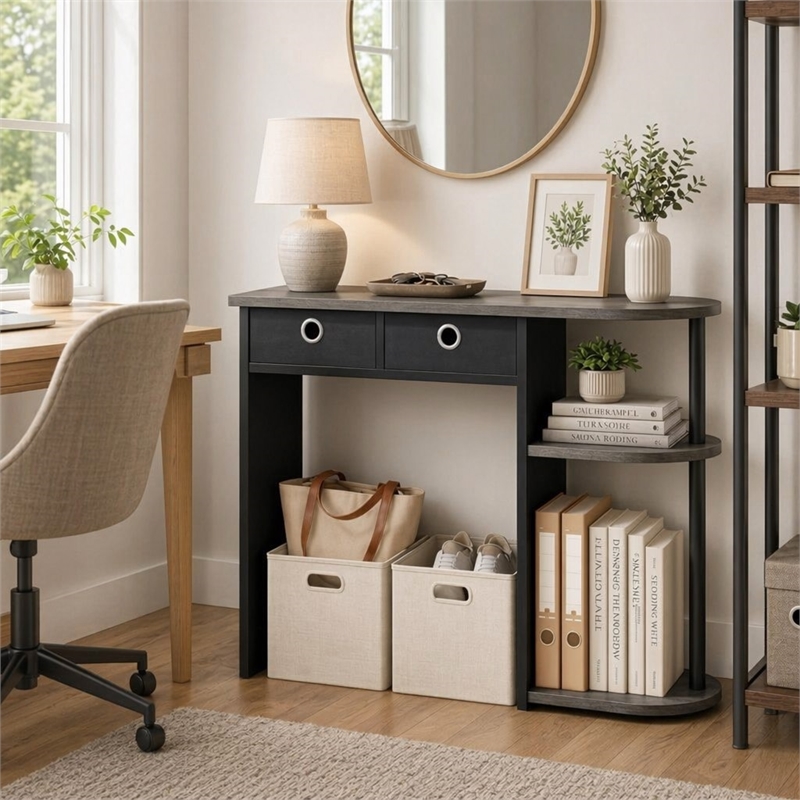 Pemberly Row 32-Inch Console Table 2 Fabric Drawers Open Shelves in French Oak