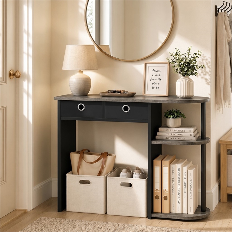 Pemberly Row 32-Inch Console Table 2 Fabric Drawers Open Shelves in French Oak
