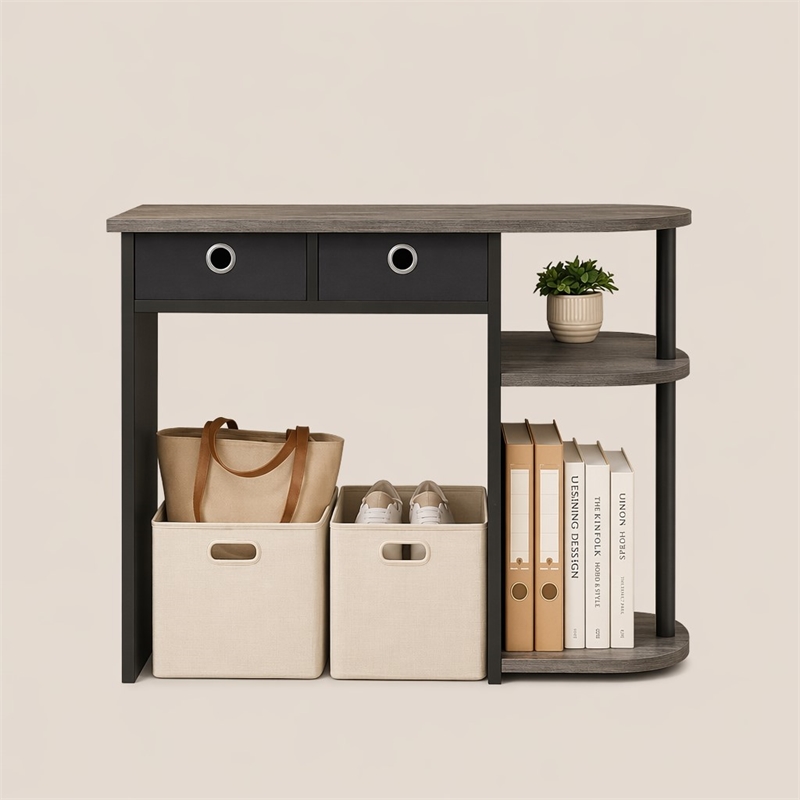 Pemberly Row 32-Inch Console Table 2 Fabric Drawers Open Shelves in French Oak