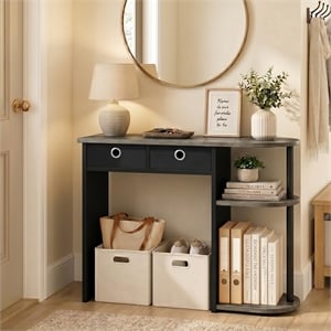Pemberly Row 32-Inch Console Table 2 Fabric Drawers Open Shelves in French Oak