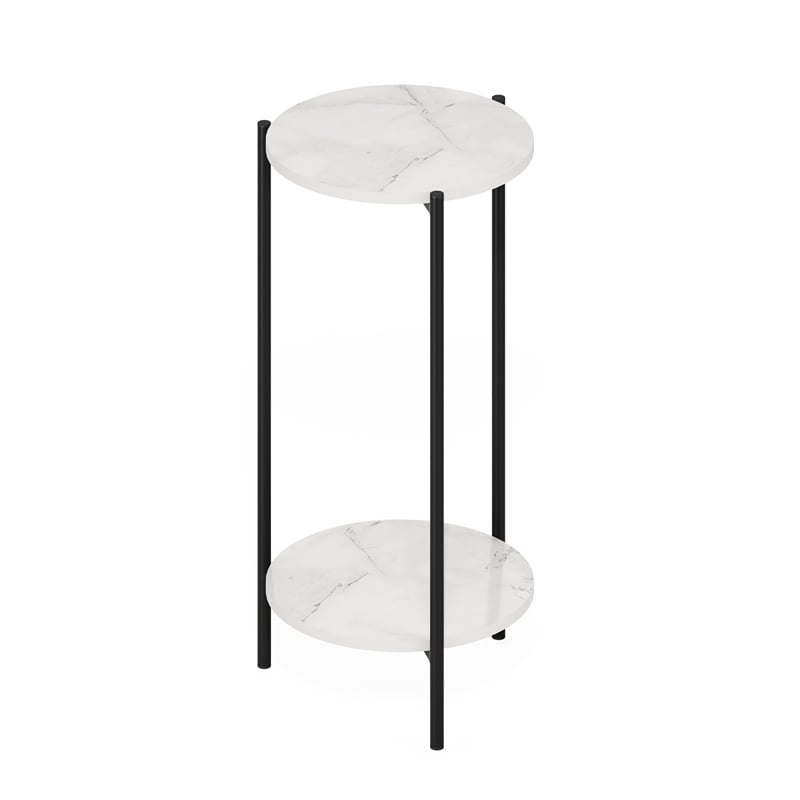 Pemberly Row 2-Tier Round Plant Stand Metal Flower Pot Stand in Marble White