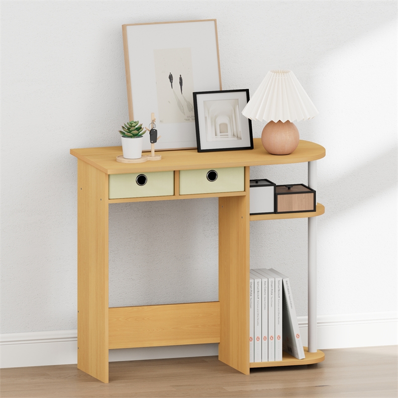 Pemberly Row 32-Inch Console Table 2 Fabric Drawers Open Shelves in Beech