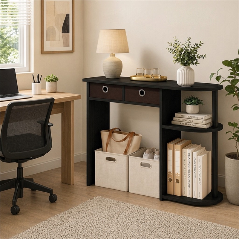 Pemberly Row 32-Inch Console Table 2 Fabric Drawers Open Shelves in Espresso