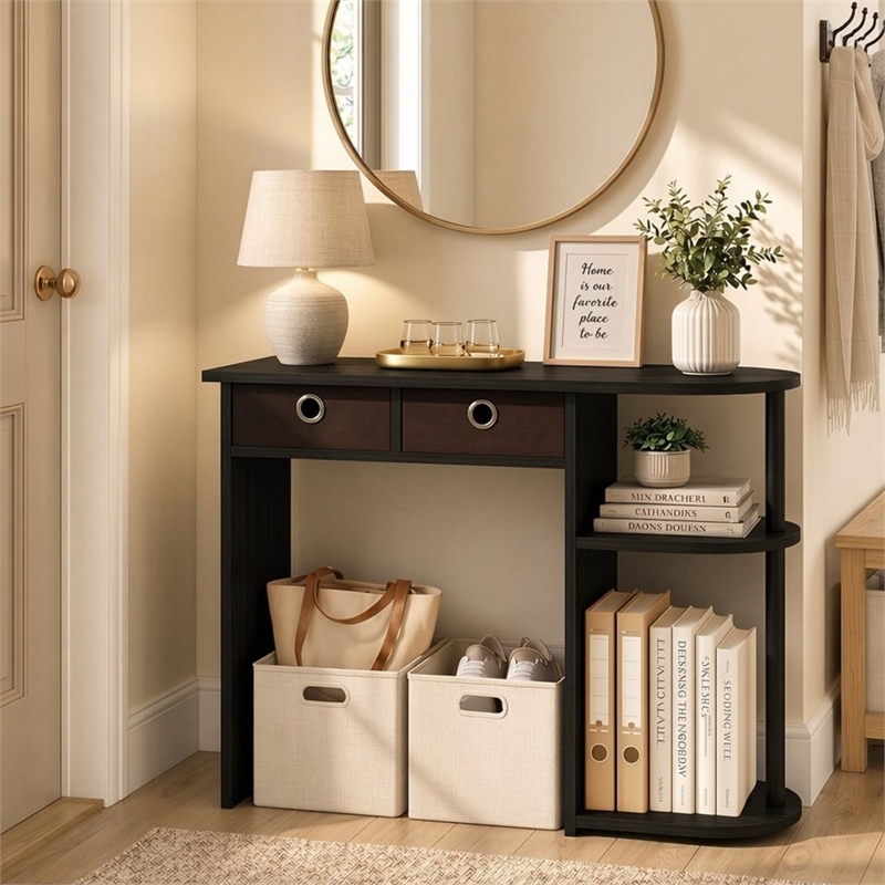 Pemberly Row 32-Inch Console Table 2 Fabric Drawers Open Shelves in Espresso