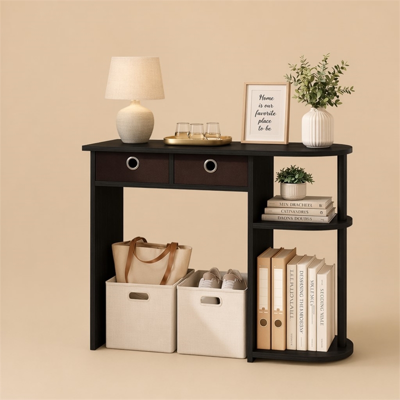 Pemberly Row 32-Inch Console Table 2 Fabric Drawers Open Shelves in Espresso
