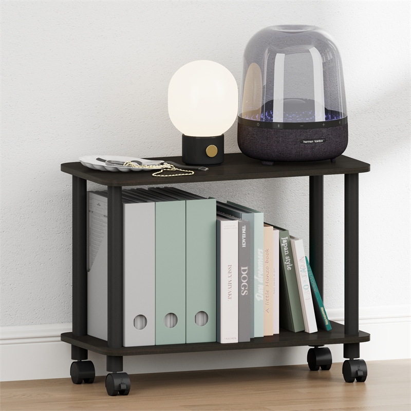 Pemberly Row 2-Tier Toolless Nightstand with Wheels Round Corner in Espresso