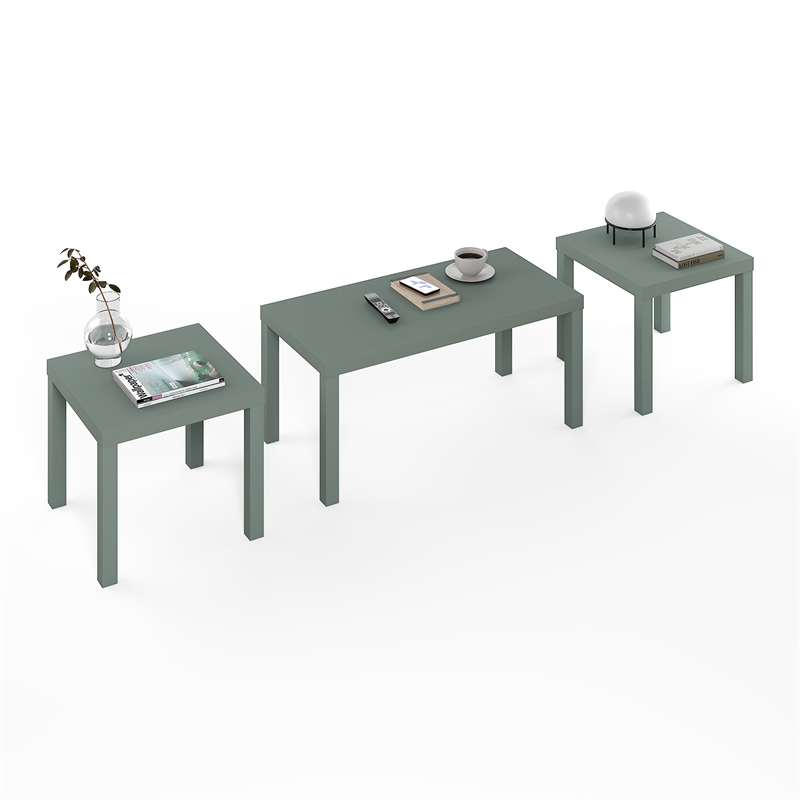 Pemberly Row Coffee and Side Tables Set 1.8 Inch Thick Tabletop in Sage Green