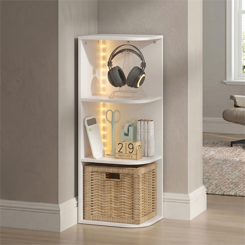 Pemberly Row 3-Tier Corner LED Lights Open Shelves Bookcase in White