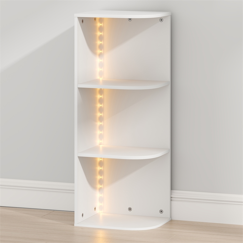 Pemberly Row 3-Tier Corner LED Lights Open Shelves Bookcase in White