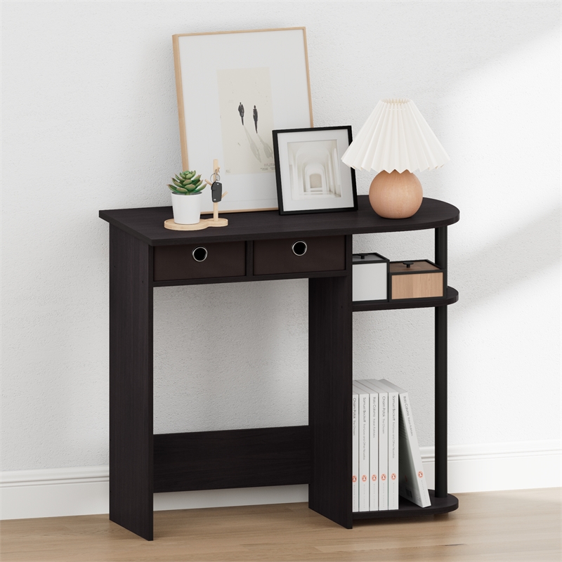 Pemberly Row 32-Inch Console Table 2 Fabric Drawers Open Shelves in Dark Walnut