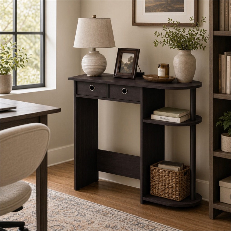 Pemberly Row 32-Inch Console Table 2 Fabric Drawers Open Shelves in Dark Walnut