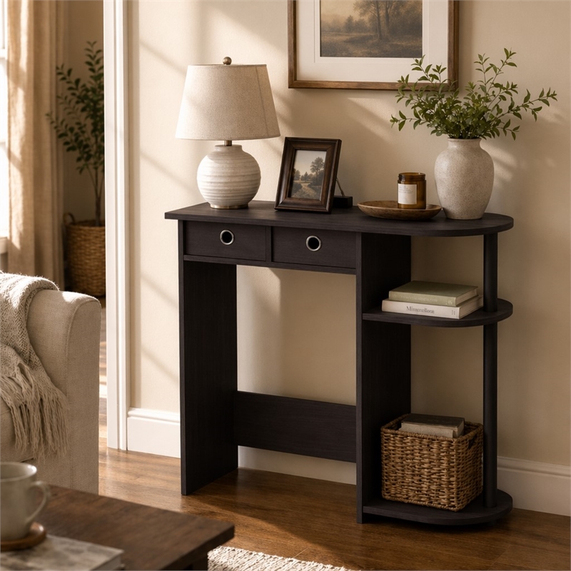Pemberly Row 32-Inch Console Table 2 Fabric Drawers Open Shelves in Dark Walnut