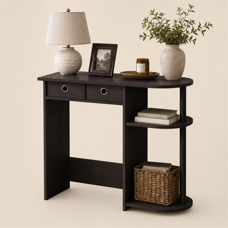 Pemberly Row 32-Inch Console Table 2 Fabric Drawers Open Shelves in Dark Walnut