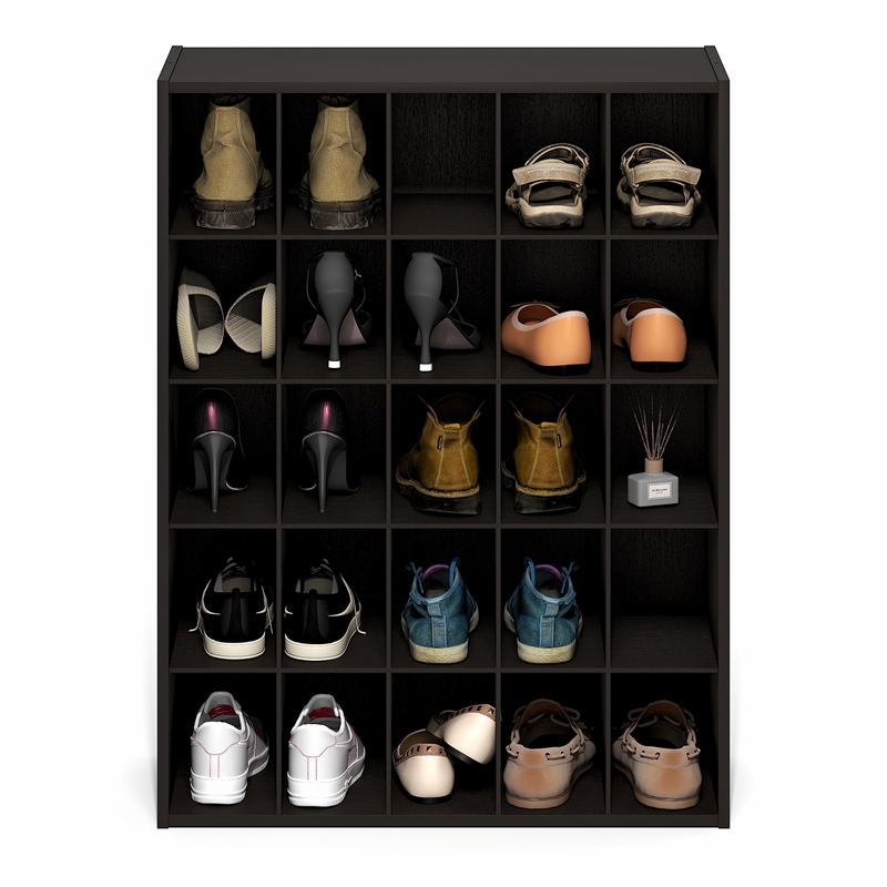 Pemberly Row 25-Cube Stackable Shoe Rack for Closet Entryway in Black Dark Oak