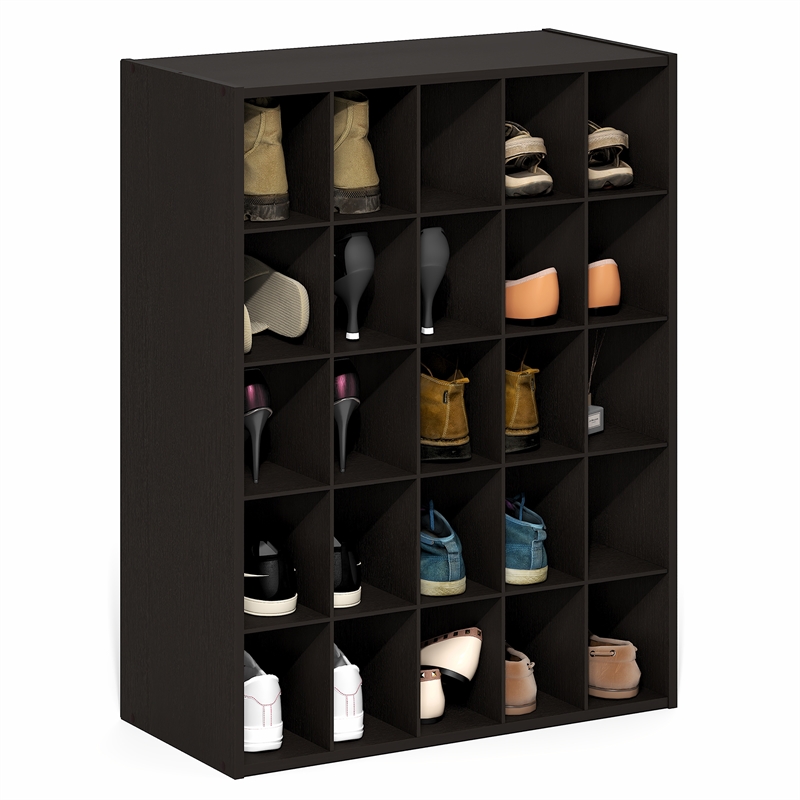 Pemberly Row 25-Cube Stackable Shoe Rack for Closet Entryway in Black Dark Oak
