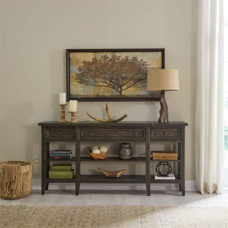 Pemberly Row Hall Console Table with Rubberwood and Oak Veneers in Saddle Brown