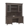 Pemberly Row Credenza and Hutch Home Office Desk Set with Lighting in Brown