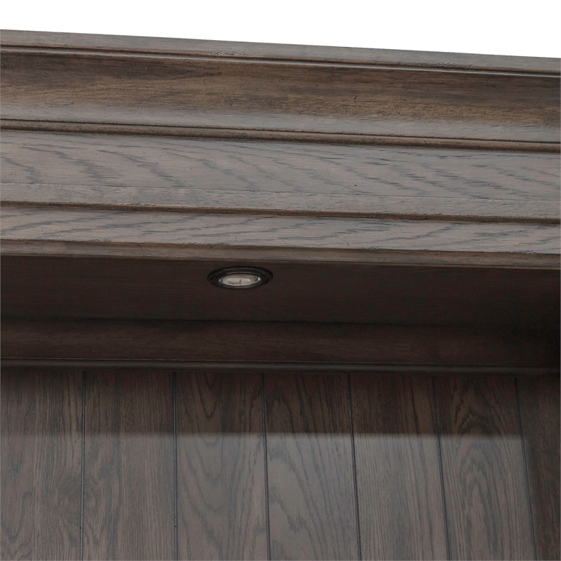 Pemberly Row Credenza and Hutch Home Office Desk Set with Lighting in Brown