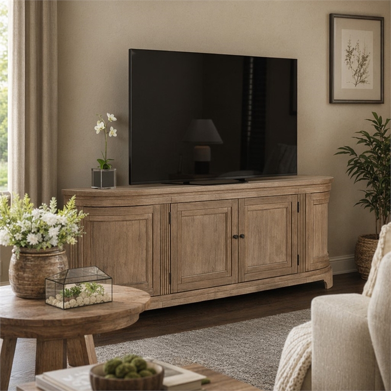 Pemberly Row 82 Inch TV Console with Curved Doors and Shelving in Brown