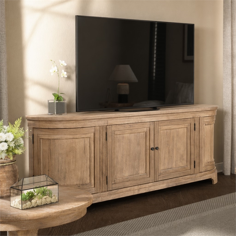Pemberly Row 82 Inch TV Console with Curved Doors and Shelving in Brown