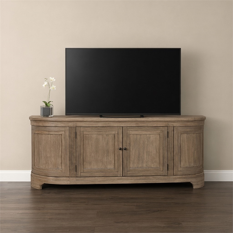 Pemberly Row 82 Inch TV Console with Curved Doors and Shelving in Brown