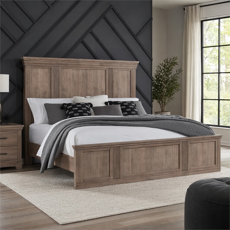Pemberly Row Queen Panel Bed Headboard with Step Crown in Brown