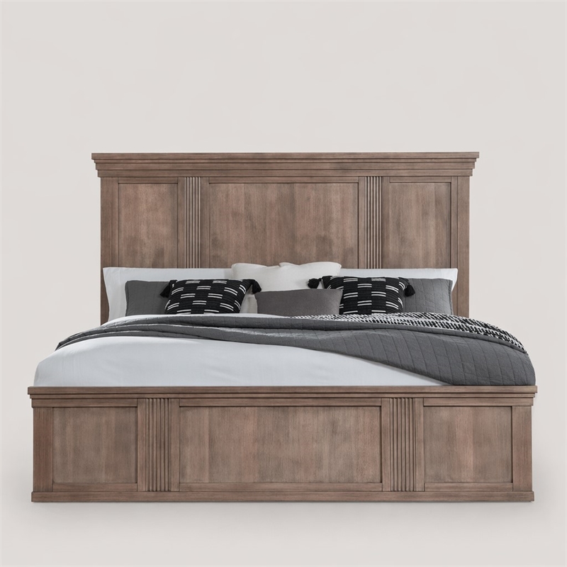 Pemberly Row Queen Panel Bed Headboard with Step Crown in Brown
